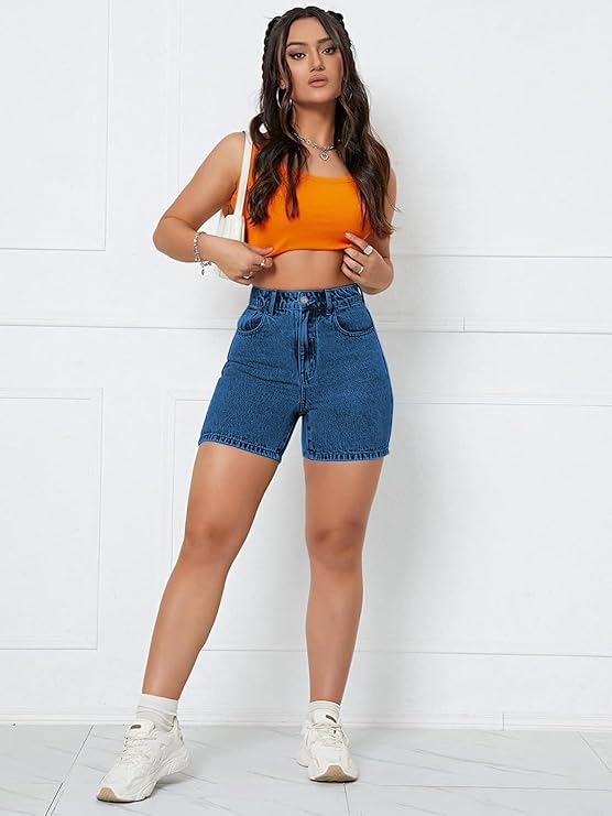 Solid Women Dark Blue Denim Shorts