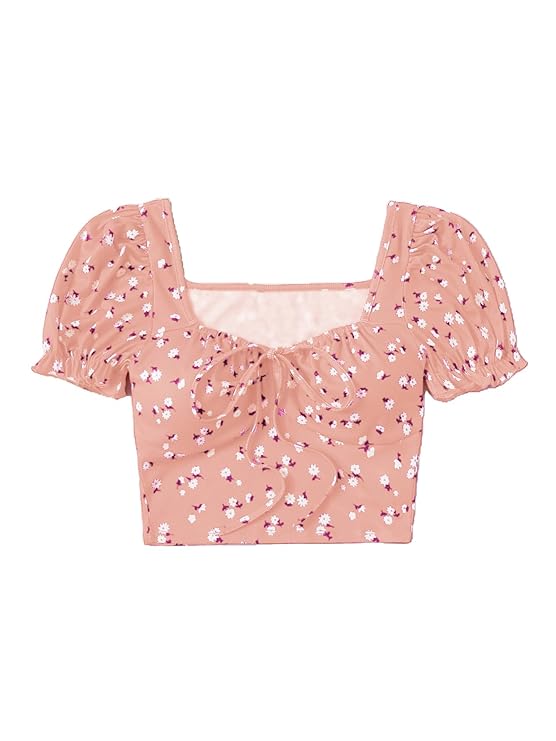 Puff Sleeves Floral Print Crop Top For Women