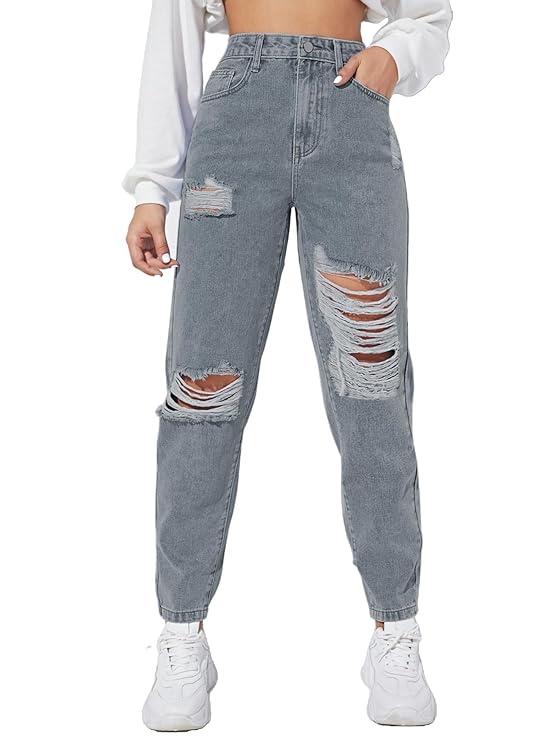 Women's Solid High Waist Ripped Distressed Mom Fit Denim Jeans