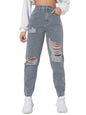 Women's Solid High Waist Ripped Distressed Mom Fit Denim Jeans