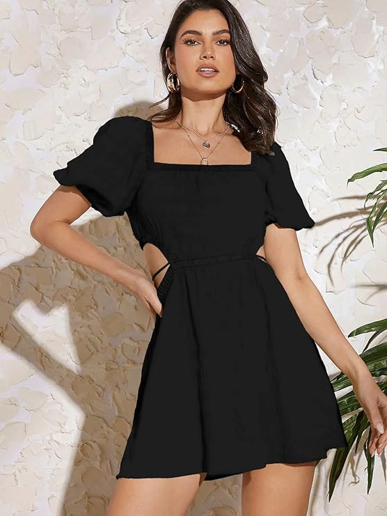 Women Black Smocked Mini Fit & Flare Dress
