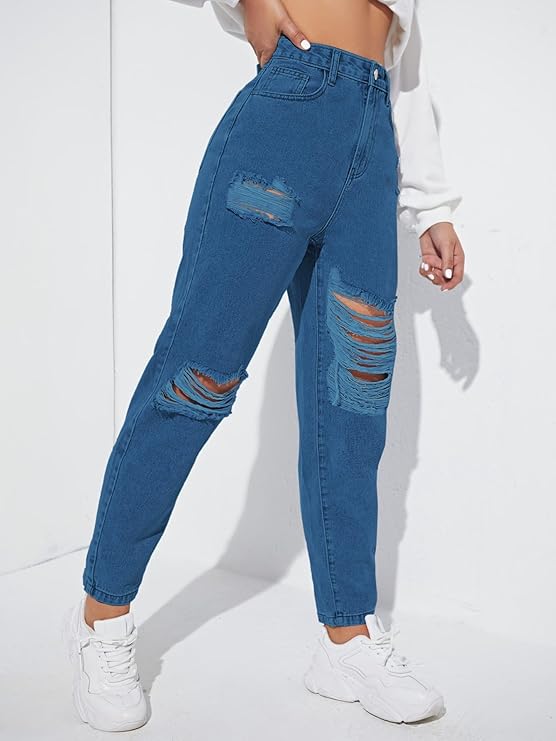 Women's Solid High Waist Ripped Distressed Mom Fit Denim Jeans