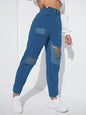 Women's Solid High Waist Ripped Distressed Mom Fit Denim Jeans
