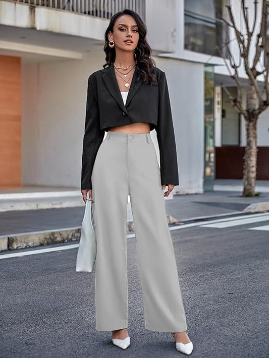 Women Relaxed Gray Polyester Trousers