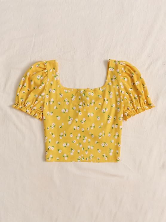Puff Sleeves Floral Print Crop Top For Women