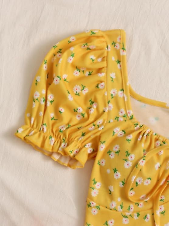Puff Sleeves Floral Print Crop Top For Women