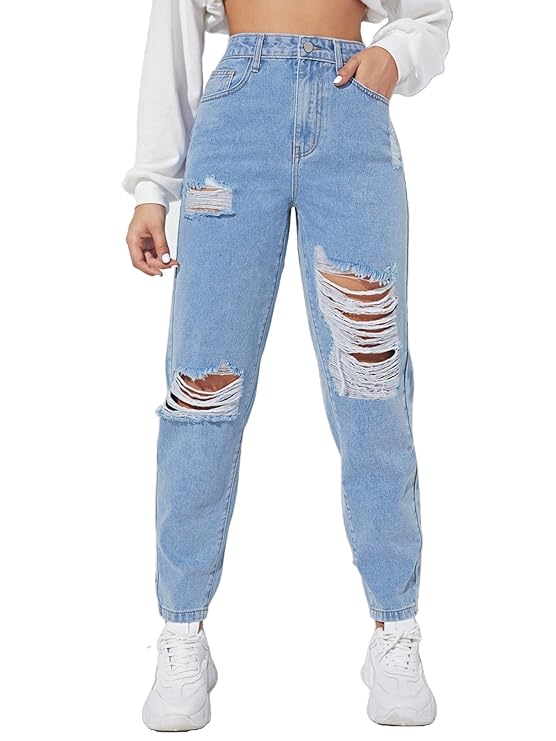 Women's Solid High Waist Ripped Distressed Mom Fit Denim Jeans