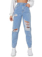 Women's Solid High Waist Ripped Distressed Mom Fit Denim Jeans