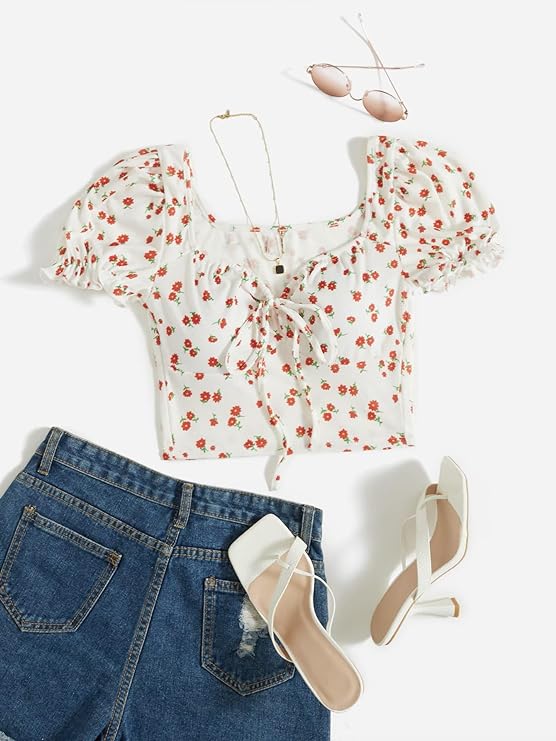 Puff Sleeves Floral Print Crop Top For Women