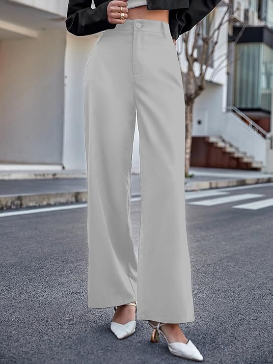 Women Relaxed Gray Polyester Trousers