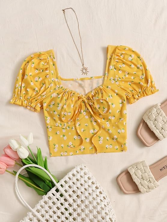 Puff Sleeves Floral Print Crop Top For Women