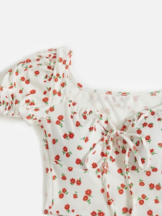 Puff Sleeves Floral Print Crop Top For Women
