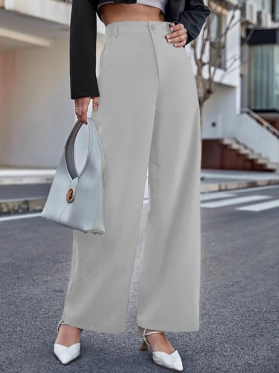 Women Relaxed Gray Polyester Trousers