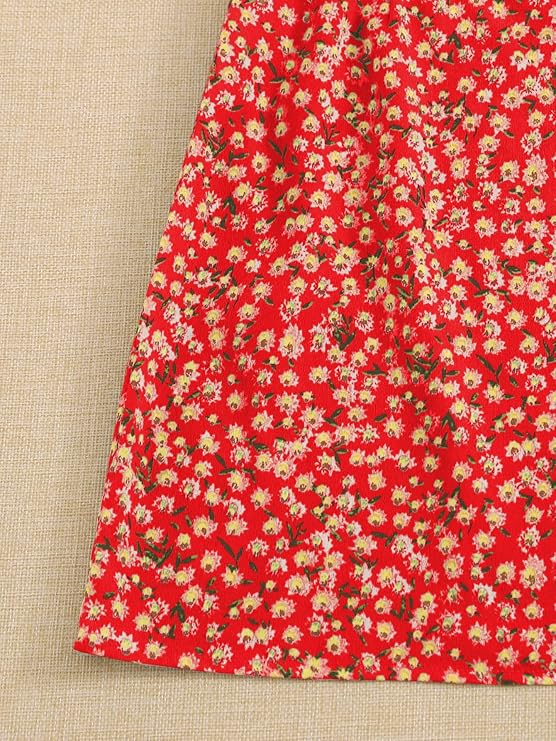 Women's Red Ditsy Floral Print Flared Mini Short Dress