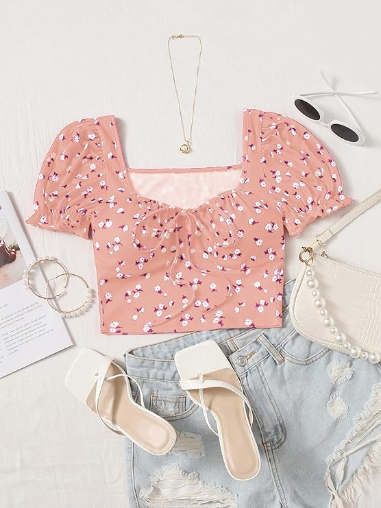 Puff Sleeves Floral Print Crop Top For Women