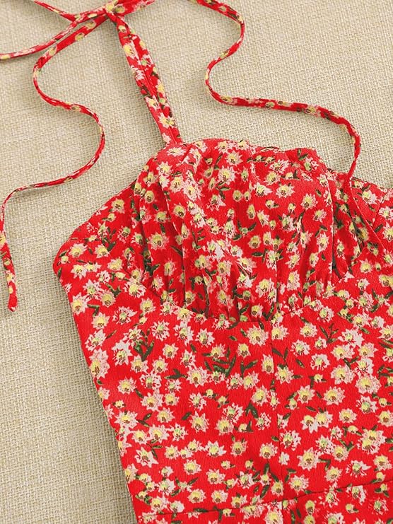 Women's Red Ditsy Floral Print Flared Mini Short Dress