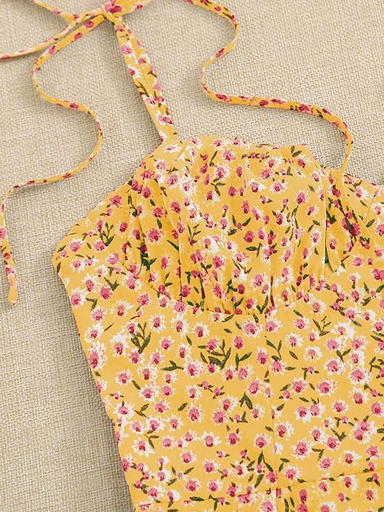 Women's Yellow Ditsy Floral Print Flared Mini Short Dress