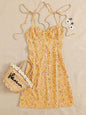 Women's Yellow Ditsy Floral Print Flared Mini Short Dress