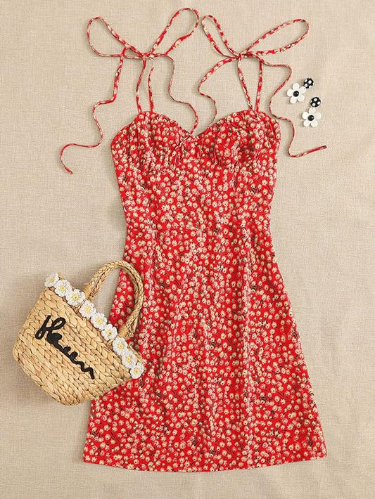 Women's Red Ditsy Floral Print Flared Mini Short Dress