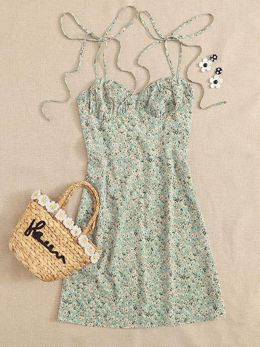 Women's Green Ditsy Floral Print Flared Mini Short Dress