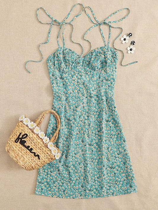 Women's Blue Ditsy Floral Print Flared Mini Short Dress